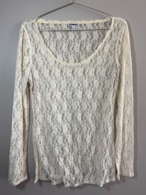 Express Women's Long Sleeve Ivory Lace Top Scoop Neck Sheer Soft Grunge Y2K